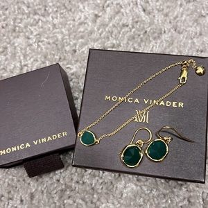 Monica Vinader gold and green bracelet and earrings set